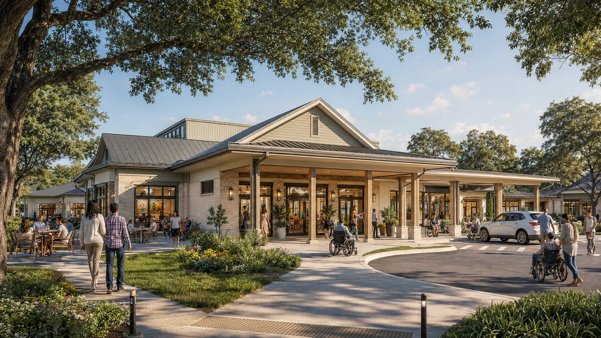 Conceptual rendering of a welcoming community commons envisioned for Living Unified, with accessible gathering spaces, landscaping, and community activity.